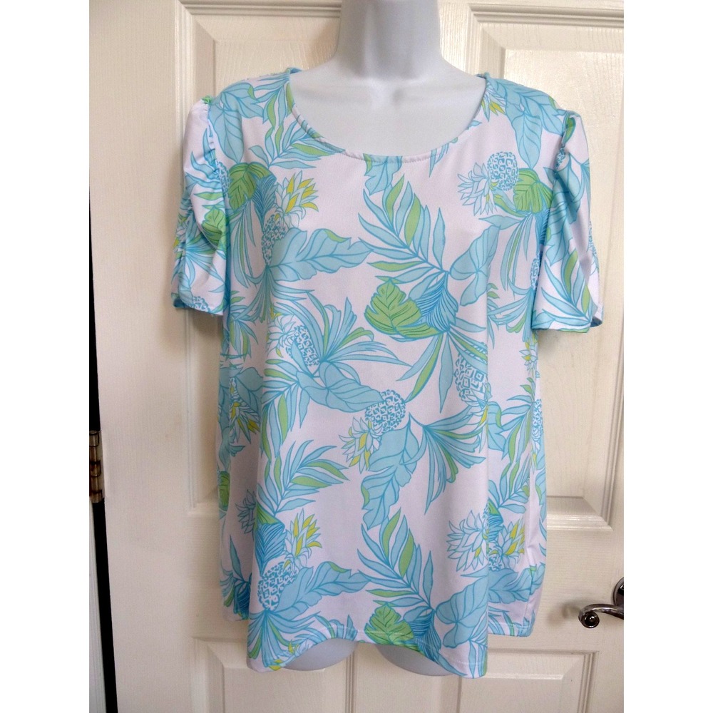 NWOT STELLA PARKER Sz Large Ruched Sleeves Pineapple Pullover Top Tropical Beach